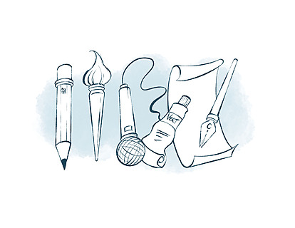 Cartoon drawing of pencils and other art supplies